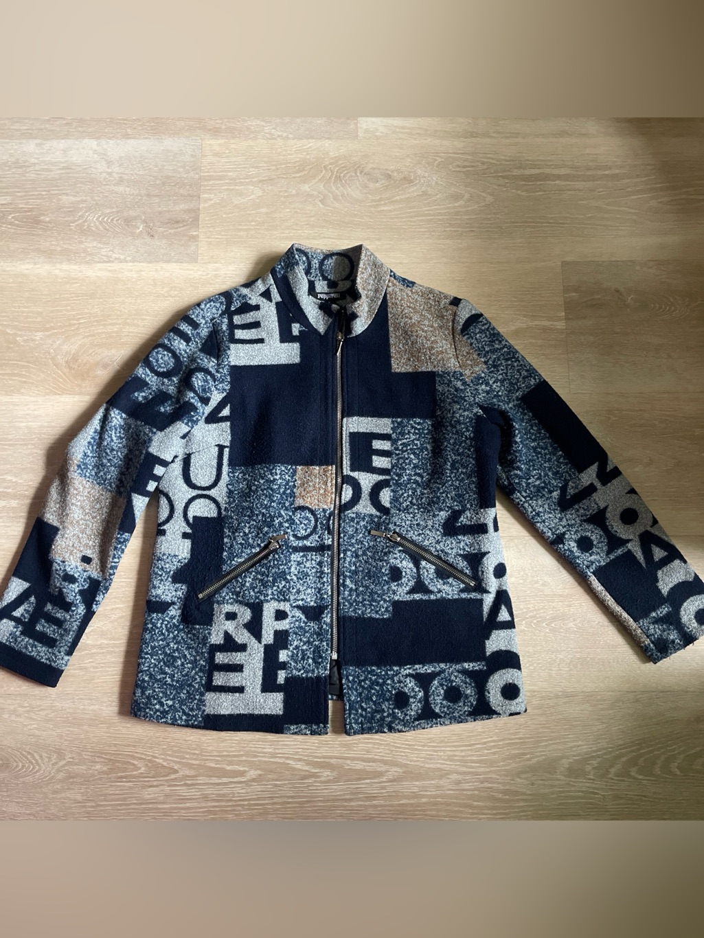 Peppereli Mixed Print Blue Tan Zip Up Jacket M